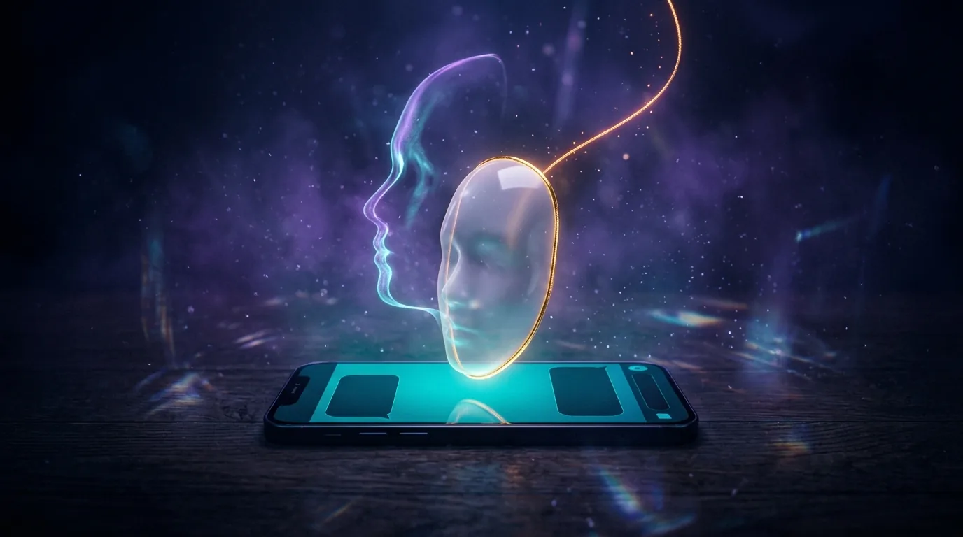 Máscara translúcida sobre um celular, simbolizando o perfil falso usado na sextorsão