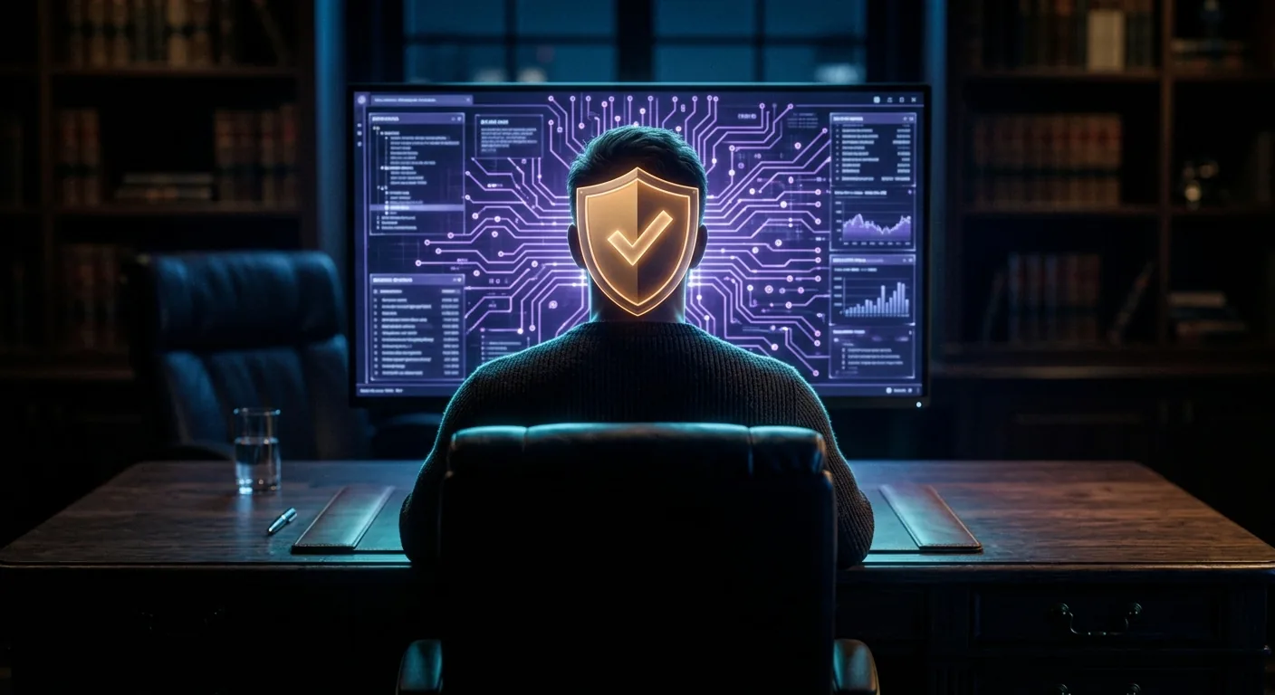 pessoa diante do computador com escudo de verificação, representando a confirmação do contato com o advogado