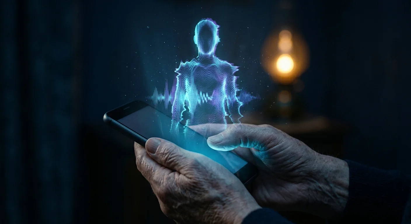 Mãos segurando celular durante ligação de golpe com voz clonada de parente pedindo Pix