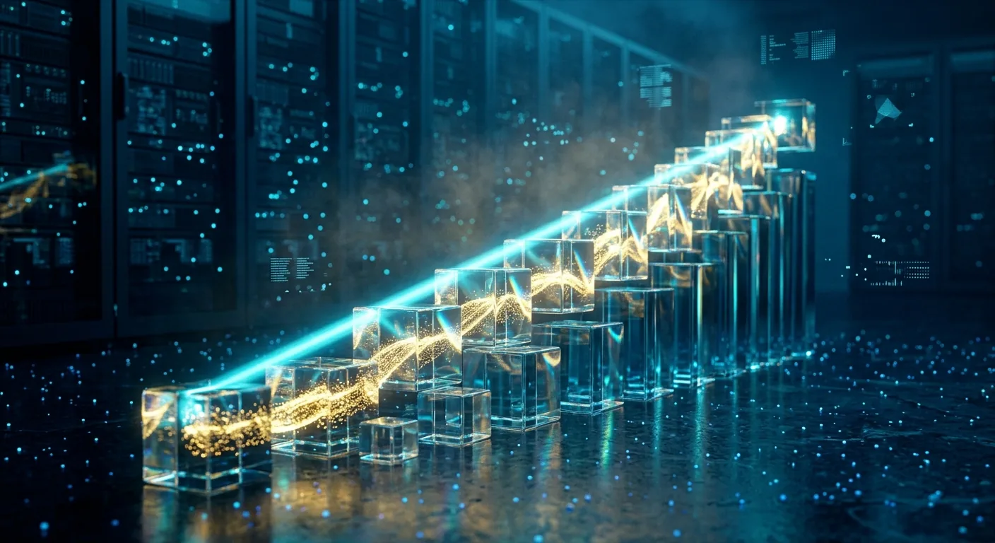 Trilha de luz dourada seguida por feixe de rastreamento entre cubos de vidro em camadas, representando o MED 2.0 do Pix