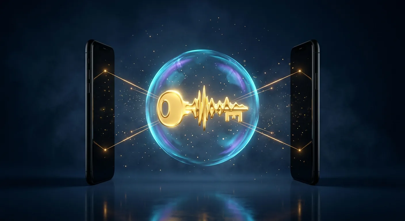 Chave dourada entre dois celulares representando a palavra-código em família contra golpes de voz clonada