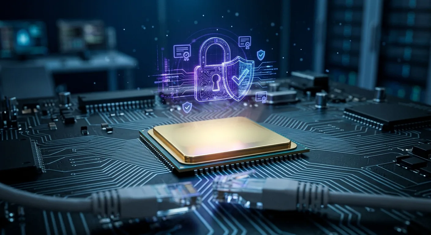 Chip dourado com cadeado holográfico representando a assinatura digital da urna eletrônica, ao lado de cabos de rede desconectados