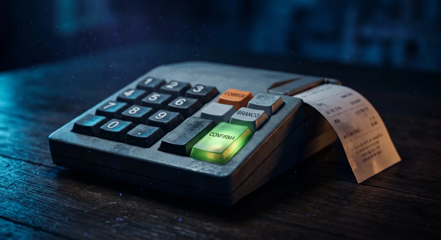 Teclado da urna eletrônica com a tecla Confirma iluminada e boletim de urna impresso