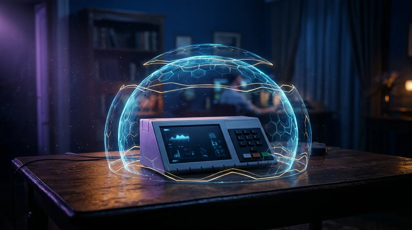 Urna eletrônica protegida por camadas holográficas de segurança em ambiente escuro