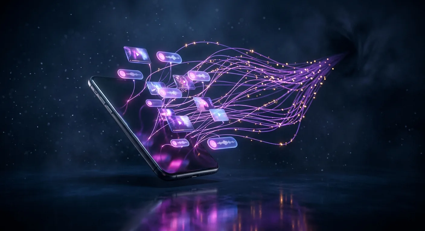 Áudios e vídeos de redes sociais sendo capturados de um celular para criar uma voz clonada